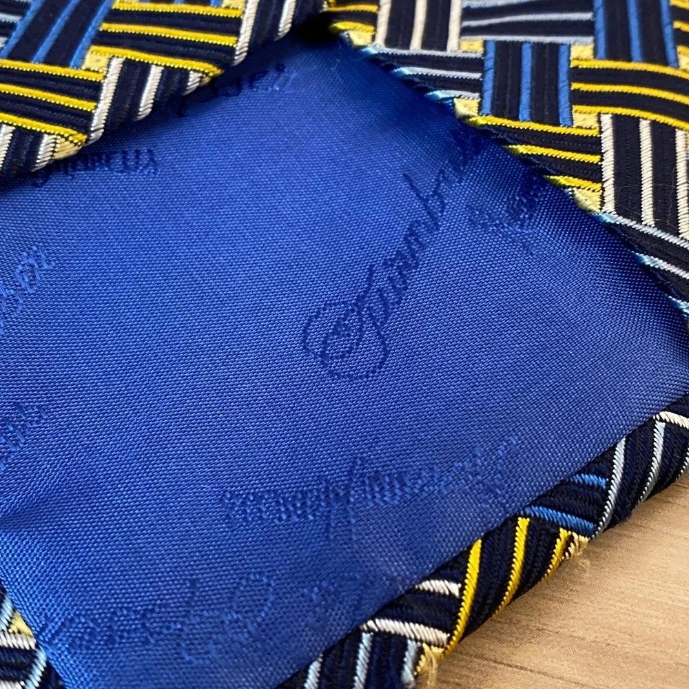 Turnbull & Asser‎ Mens Silk Tie Hand Made London Blue Yellow Geometric Pattern